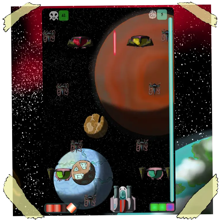 Captura de pantalla do segundo nivel. Ten un fondo espacial con efecto parallax, dous tipos de inimigos e asteroides. Galiviart