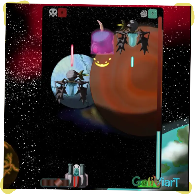 Captura de pantalla do xefe do segundo nivel. Ten dous módulos laterais e un central. Dispara lásers e un raio mortal. Galiviart