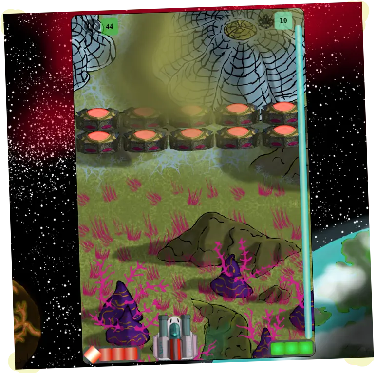 Captura de pantalla da misión 3. Apréciase o fondo para ambientar o planeta Vilena, nubes e os ploxloids como novos inimigos. Galiviart